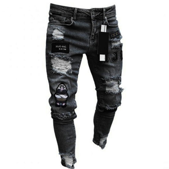 Reppunk Fashion Men Holes Embroidery Stretch Skinny Jeans Trousers Ripped Slim Male Joggers Pencil Denim Pants