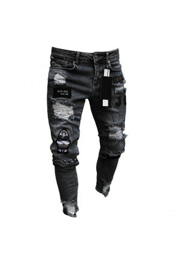 Reppunk Fashion Men Holes Embroidery Stretch Skinny Jeans Trousers Ripped Slim Male Joggers Pencil Denim Pants