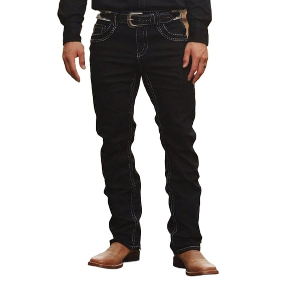 Reppunk Men's Black Contrast Stitch Bootcut Western Jeans, Classic Mid Rise Stretch Denim Pants for Business Casual Daily Work Wear