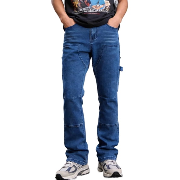 Reppunk Men's Classic Blue Carpenter Flare Cargo Jeans, Multi-Pocket Utility Work Denim Pants, Business Casual Stretch Straight Bootcut Trousers for Office Daily Wear