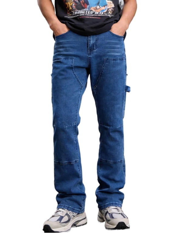 Reppunk Men's Classic Blue Carpenter Flare Cargo Jeans, Multi-Pocket Utility Work Denim Pants, Business Casual Stretch Straight Bootcut Trousers for Office Daily Wear