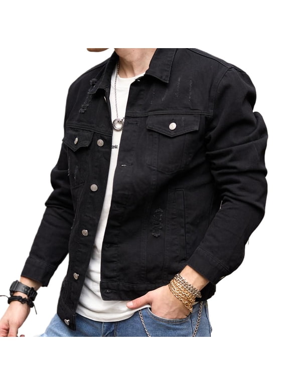 Reppunk Men's Denim Jacket Streetwear Solid Slim Ripped Distressed Male Casual Coat Menswear Tops Long Sleeve black Plain Collared Collar Long Sleeves