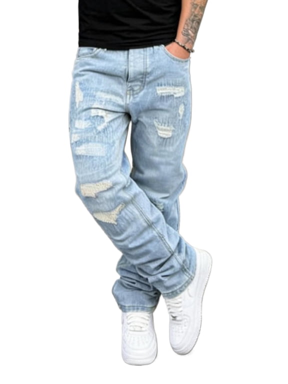 Reppunk Men's Light Wash Distressed Ripped Flare Denim Jeans, Loose Straight Baggy Fit Business Casual Stacked Trousers, Versatile Office Daily Streetwear Full Length Jeans