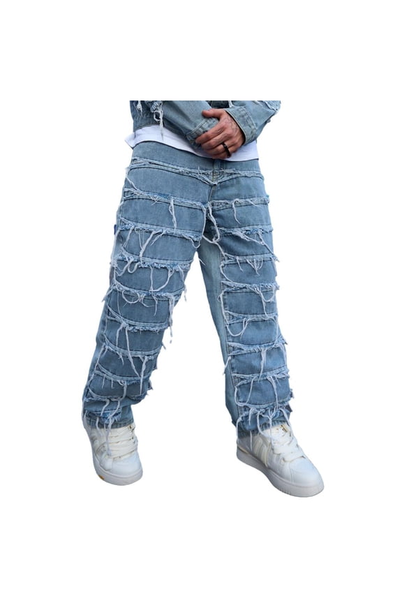 Reppunk Men's Light Wash Multi-Layer Horizontal Frayed Patch Straight Leg Jeans, Raw Edge Shredded Distressed Loose Denim Pants, Streetwear Business Casual Daily Commute Trousers