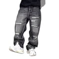 thumbnail image 1 of Reppunk Men's Stylish Distressed Baggy Jeans Vintage Black Holes Men Straight Denim Pants Streetwear Menswear Ripped, 1 of 8
