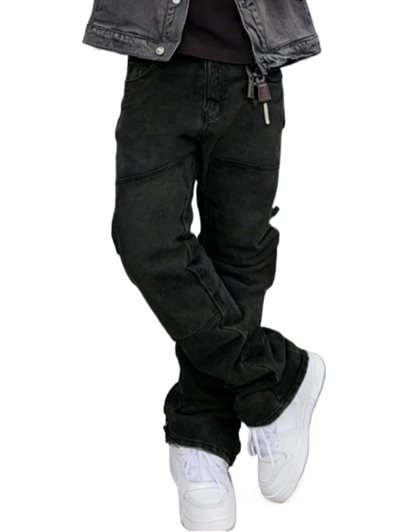 Reppunk  Men's Vintage Black Wash Carpenter Stacked Flare Jeans, Knee Reinforced Utility Workwear Denim Pants, Business Casual Versatile Daily Office Commute Trousers