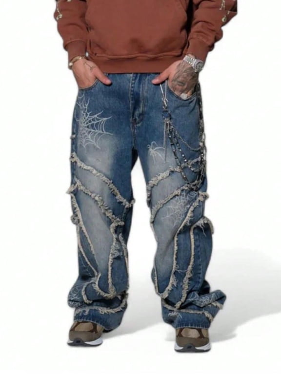 Reppunk Men's Vintage Blue Spider Web Embroidered Frayed Patch Wide Leg Baggy Jeans, Raw Edge Layered Stacked Denim Pants, Streetwear Business Casual Daily Commute Trousers