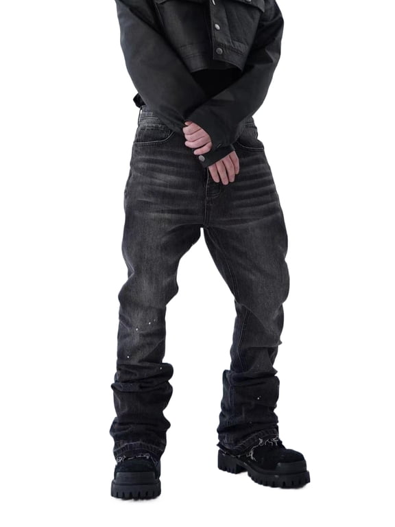 Reppunk Men's Vintage Gradient Black Splatter Paint Stacked Flare Jeans, Raw Frayed Hem Loose Stacked Denim Pants, Streetwear Business Casual Daily Commute Trousers