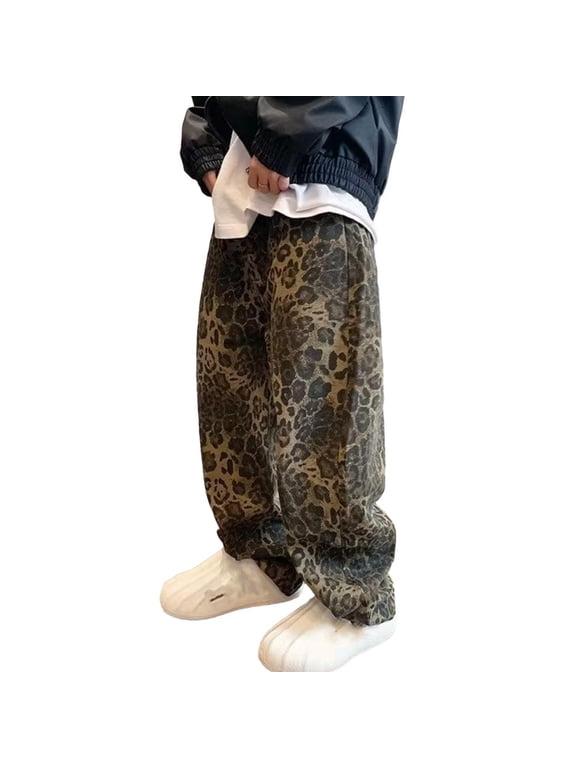 Reppunk Men's Vintage Leopard Print Baggy Wide Leg Casual Pants, Soft Loose Full Length Streetwear Trousers, Versatile Smart Business Casual Daily Commute Bottoms