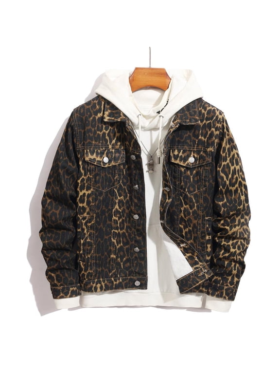 Reppunk Men's Vintage Leopard Print Trucker Denim Jacket, Classic Lapel Button Down Streetwear Outerwear, Versatile Business Casual Layered Coat