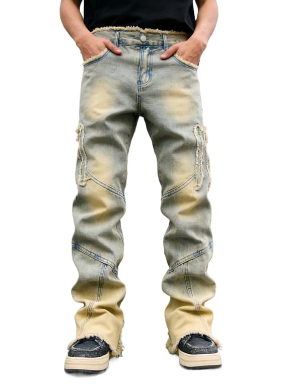 Reppunk Men's Vintage Washed Frayed Flare Jeans, Mid Rise Stretch Distressed Patchwork Denim Pants for Street Business Casual Daily Office Wear