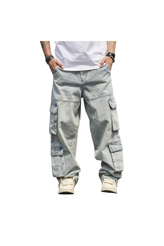 Reppunk New Men Baggy Multiple pockets Carpenter Jeans Trousers Stylish Streetwear Male Solid color Straight Cargo Denim Pants DFYD