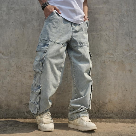 Reppunk Streetwear Stylish Loose Multiple pockets Men Carpenter Pants Cargo Jeans Male Solid color Straight Denim Trousers