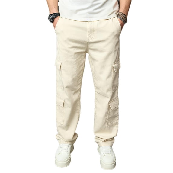 Reppunk Streetwear Stylish Multi pocket Loose Men Cargo Jeans Male Casual Straight Denim Pants Menswear Underwear Trouser Human Beige Plain