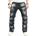 thumbnail image 1 of Reppunk Stylish Men Ripped Distressed Street Style HipHop Straight Jeans Trousers Male Holes Patch Spliced Slim Biker Denim Pants, 1 of 7