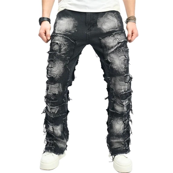 Reppunk Stylish Men Ripped Distressed Street Style HipHop Straight Jeans Trousers Male Holes Patch Spliced Slim Biker Denim Pants