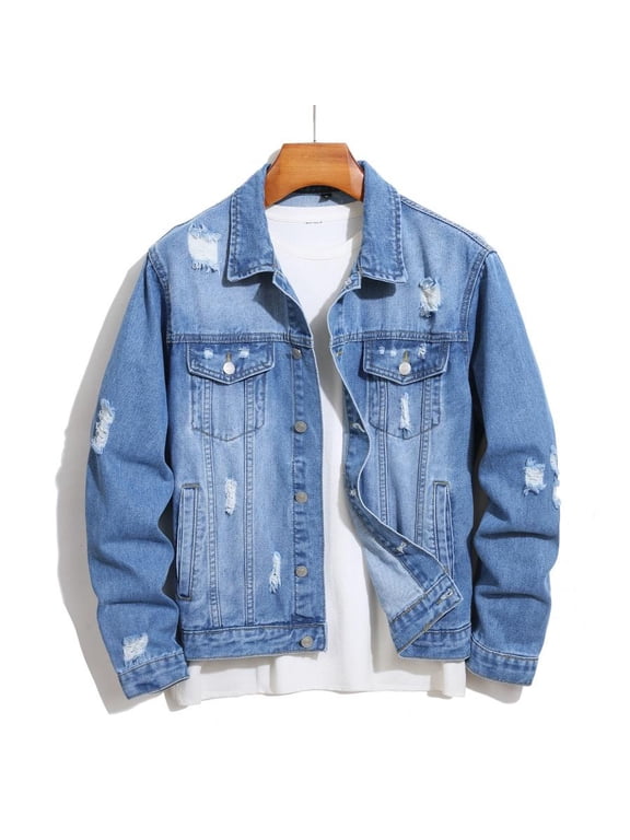 Reppunk Stylish Streetwear Men Ripped Distressed Slim Denim Jacket Male Casual Jean Jacket Coat Menswear Tops Long Sleeve Slim Street Style Denim Jacket