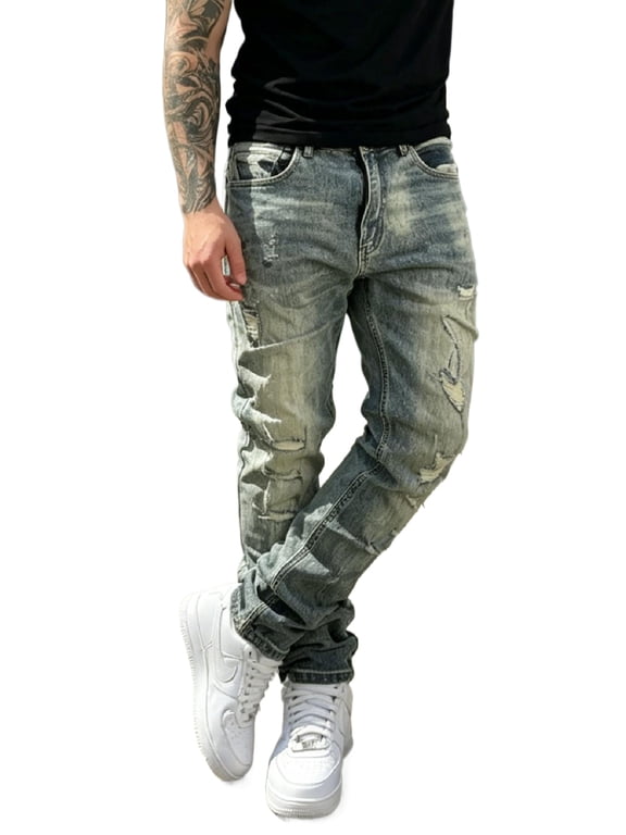 Reppunk Vintage Acid Wash Stacked Distressed Jeans for Men, Multi Rip Frayed Straight Leg Denim Pants