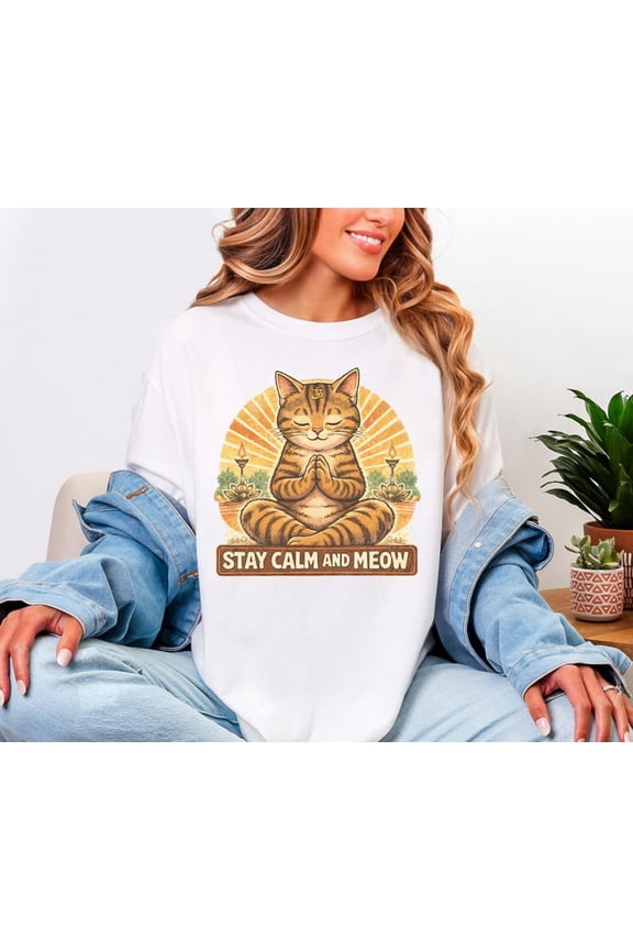 Meditating Cat Yoga Om Symbol Graphic Tee Zen Kitty Illustration Comfort Colors Unisex Cotton T-Shirt, Size S-3XL
