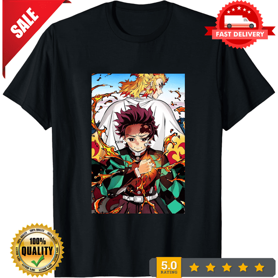 Reprint Rare Anime Tanjiro & Rengoku Demon Train Sad Moment Black T Shirt Size S - 5XL, NEW INSTOCK-TH78498