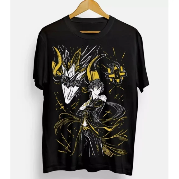 Reprint Rare Anime Zhongli Genshin Impact Black T Shirt Size S - 5XL