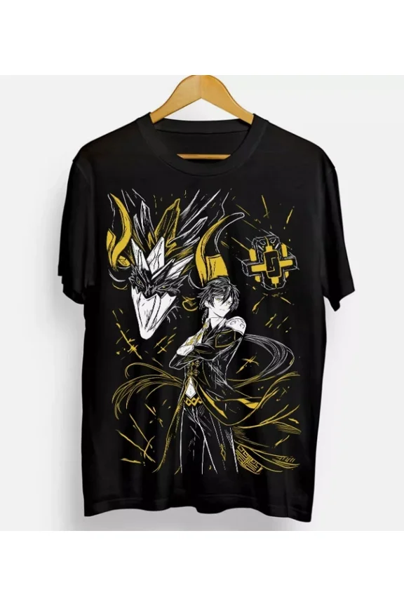 Reprint Rare Anime Zhongli Genshin Impact Black T Shirt Size S - 5XL