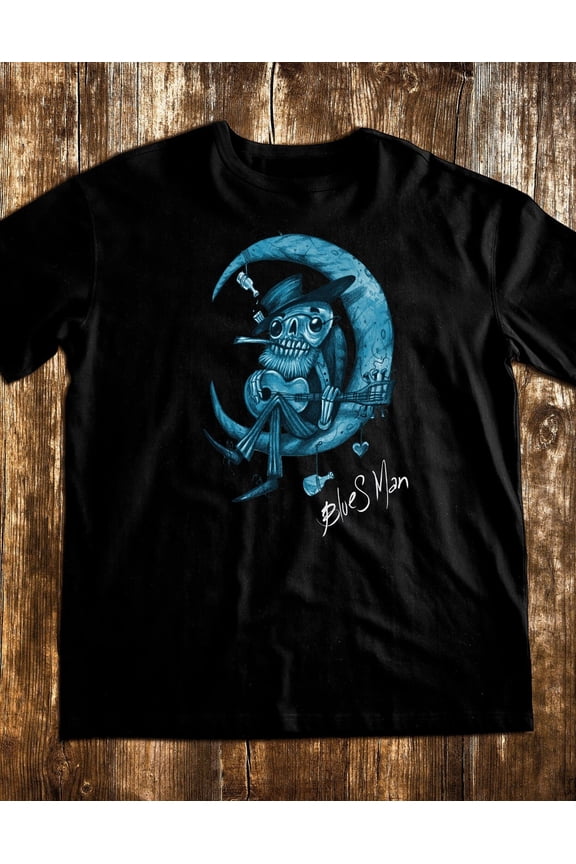 Reprint Rare BLUES MAN T-shirt Black Skull Unisex Outfit, Graphic Tee Skeleton Man On The Moo