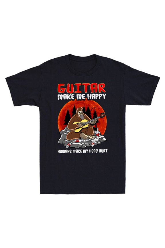 Reprint Rare Bigfoot Guitar Make Me Happy Humans Make My Head Hurt Novelty Men's T-Shirt Tee