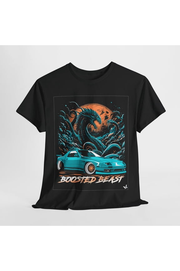 Reprint Rare Boosted Beast Turbocharged T-Shirt: Vivid RX-7 Graphic with Ocean Waves Design!