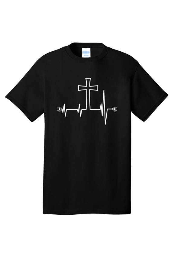 Reprint Rare Christian Cross Heartbeat Black T-shirt Short Sleeve Tee Novelty Apparel