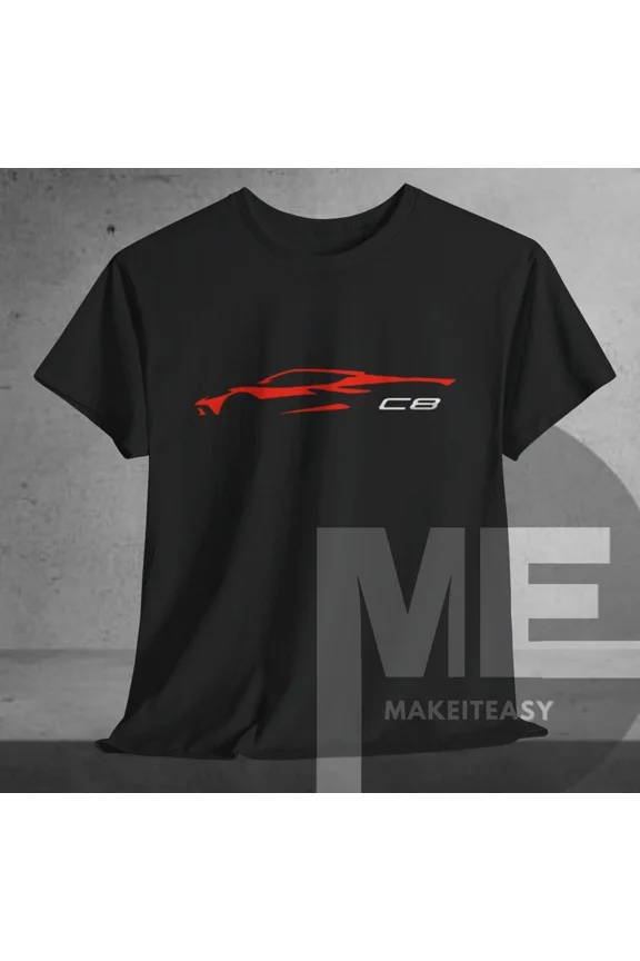 Reprint Rare Corvette C8 Red Outline Silhouette T-Shirt 8th Gen Vette Tee Fan Gift