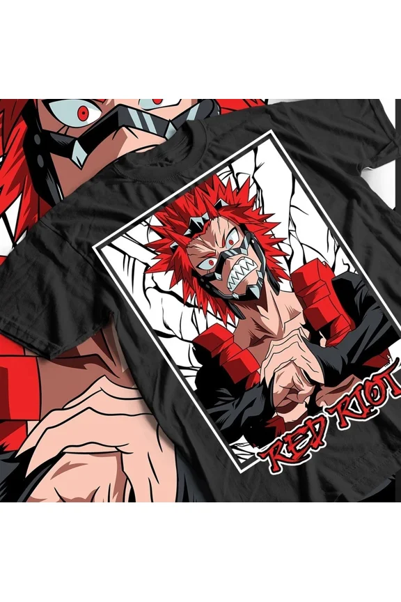 Reprint Rare Eijiro Kirishima T-shirt, My Hero Academia Tee, Red Riot Anime Shirt Black