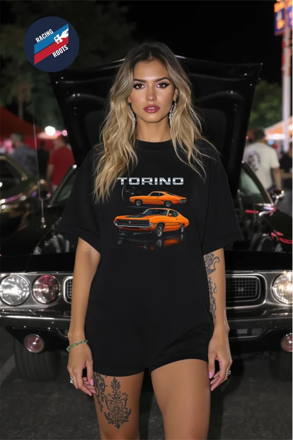 Reprint Rare Ford Torino Muscle Car T-Shirt – Retro Orange 70s Graphic Vintage Racing Tee