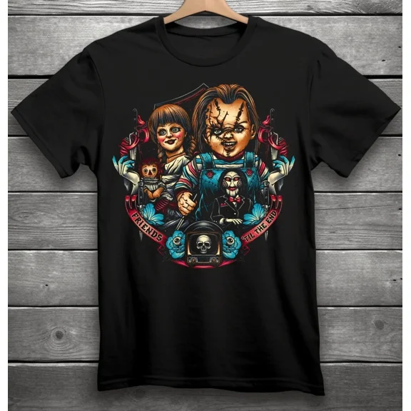 Reprint Rare Friends Till The End T-Shirt Black S-3XL Chucky, Annabelle, Billy the Puppet