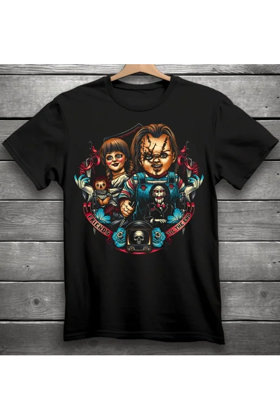 Reprint Rare Friends Till The End T-Shirt Black S-3XL Chucky, Annabelle, Billy the Puppet