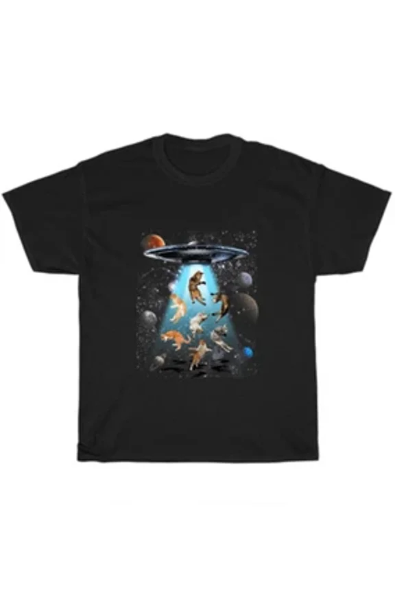 Reprint Rare Galaxy Cat UFO Alien Abduction Funny Cats Kitten Lover T-Shirt Unisex Tee Gift