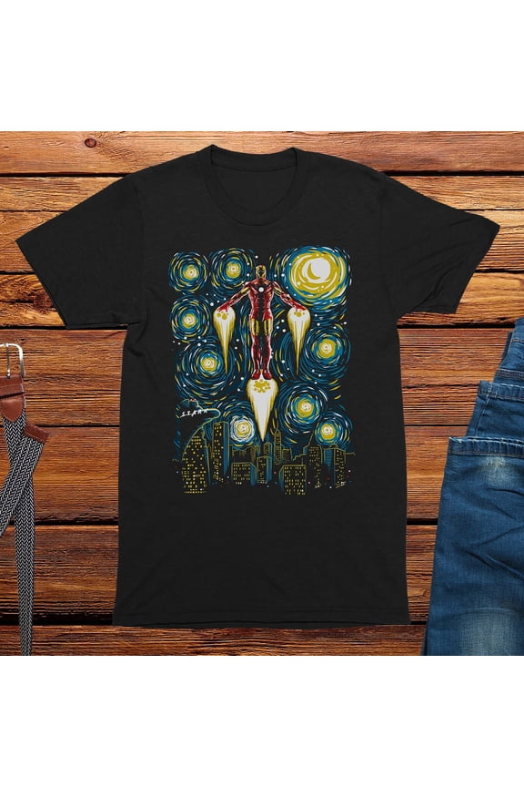 Reprint Rare Iron Starry Night T-Shirt Mens Comic Book Superhero Tshirt funny graphic tees