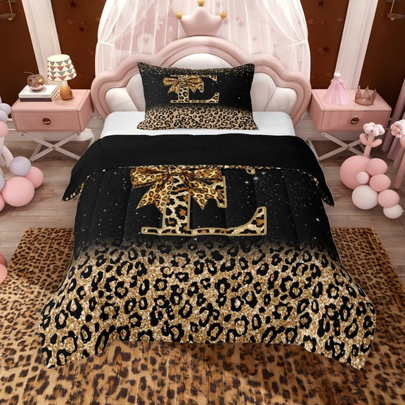 Erosebridal Chic Cheetah Print Twin Comforter Sets, Personalized Initial E Bedding Set, Black Brown, Black Reversible 2pcs, 1 Comforter and 1 Pillowcase