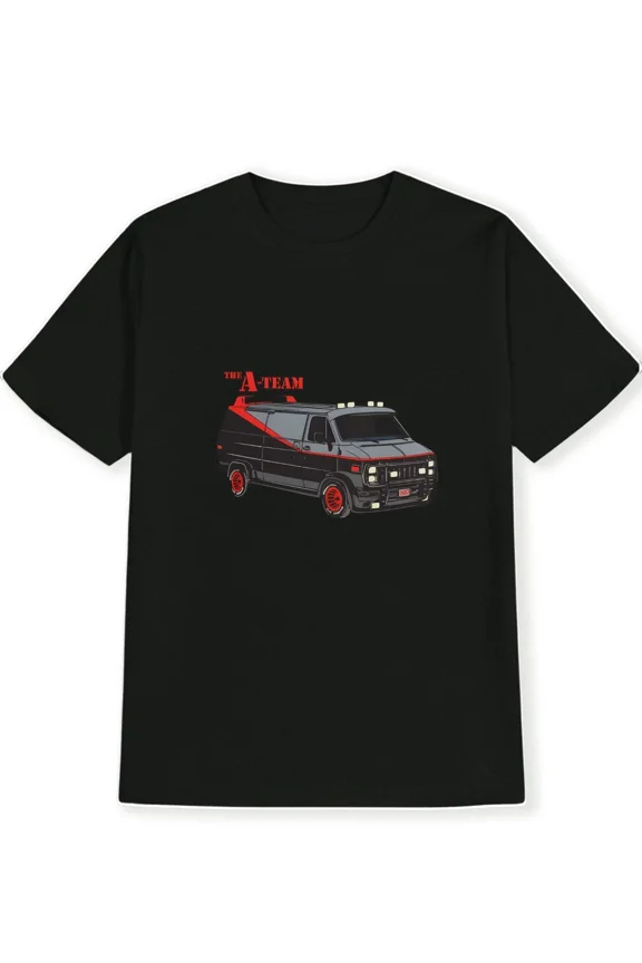 Reprint Rare Men's Black Graphic T-Shirt with Red Stripe & The A-Team Van Print - Casual Roun