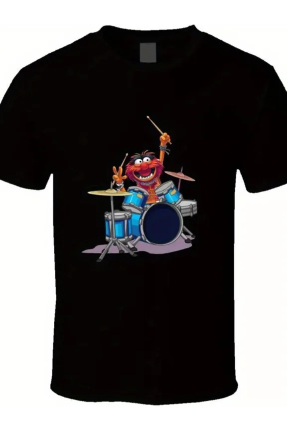 Reprint Rare Men's Muppets Animal Drums Graphic T-Shirt - Black Short Sleeve Cotton Crew Neck
