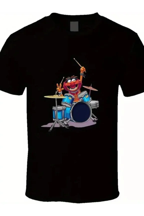 Reprint Rare Men's Muppets Animal Drums Graphic T-Shirt - Black Short Sleeve Cotton Crew Neck
