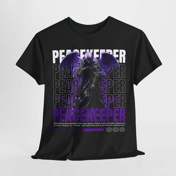 Reprint Rare Men's T-Shirt Featuring Bold Winged Angel Design with 'Peacekeeper' Graphic Art