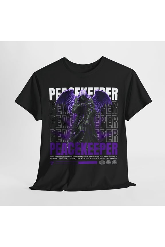 Reprint Rare Men's T-Shirt Featuring Bold Winged Angel Design with 'Peacekeeper' Graphic Art