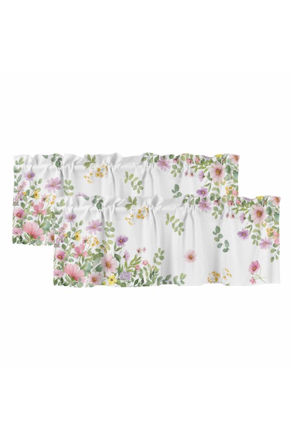 2 Pack Valances for Windows 60 x 18 Inch, Pink Spring Floral Decorative Kitchen Curtain Valance, Watercolor Botanical Wildflowers Rod Pocket Short Curtains Window Treatment for Bathroom/Cafe