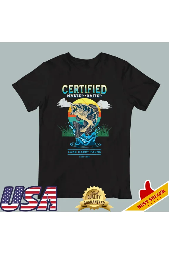 Reprint Rare Mens Certified Master Baiter Funny Fishing Black T-Shirt