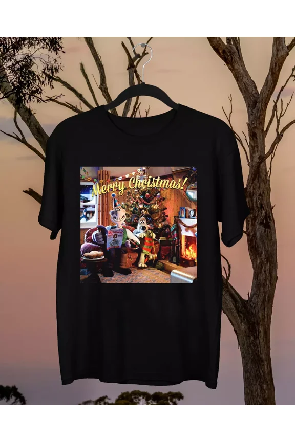 Reprint Rare Merry Christmas Wallace and Gromit 100% Cotton Black Shirt Gift For Friend LE978