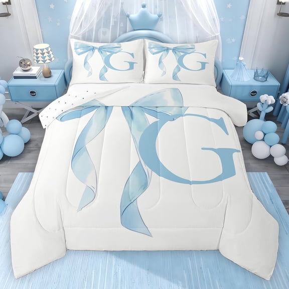 Erosebridal Blue Bowknot Full Size Comforter Sets for Girls, Monogrammed G Bedding Sets, Reversible 3 Pieces, 1 Comforter and 2 Pillowcases