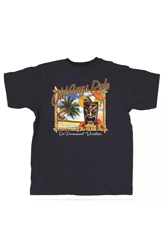 Reprint Rare New OLD GUYS RULE T SHIRT PERMANENT VACATION, TIKI, NAVY BLUE