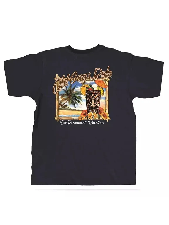 Reprint Rare New OLD GUYS RULE T SHIRT PERMANENT VACATION, TIKI, NAVY BLUE