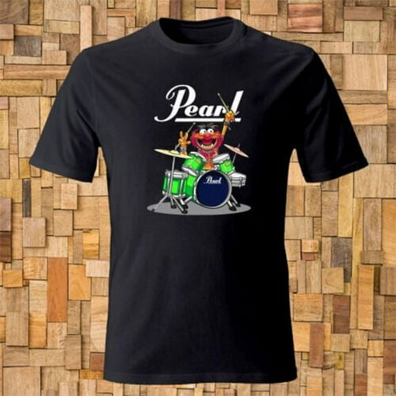 Reprint Rare Pearl Drums Cartoon Logo Men's Black T-shirt